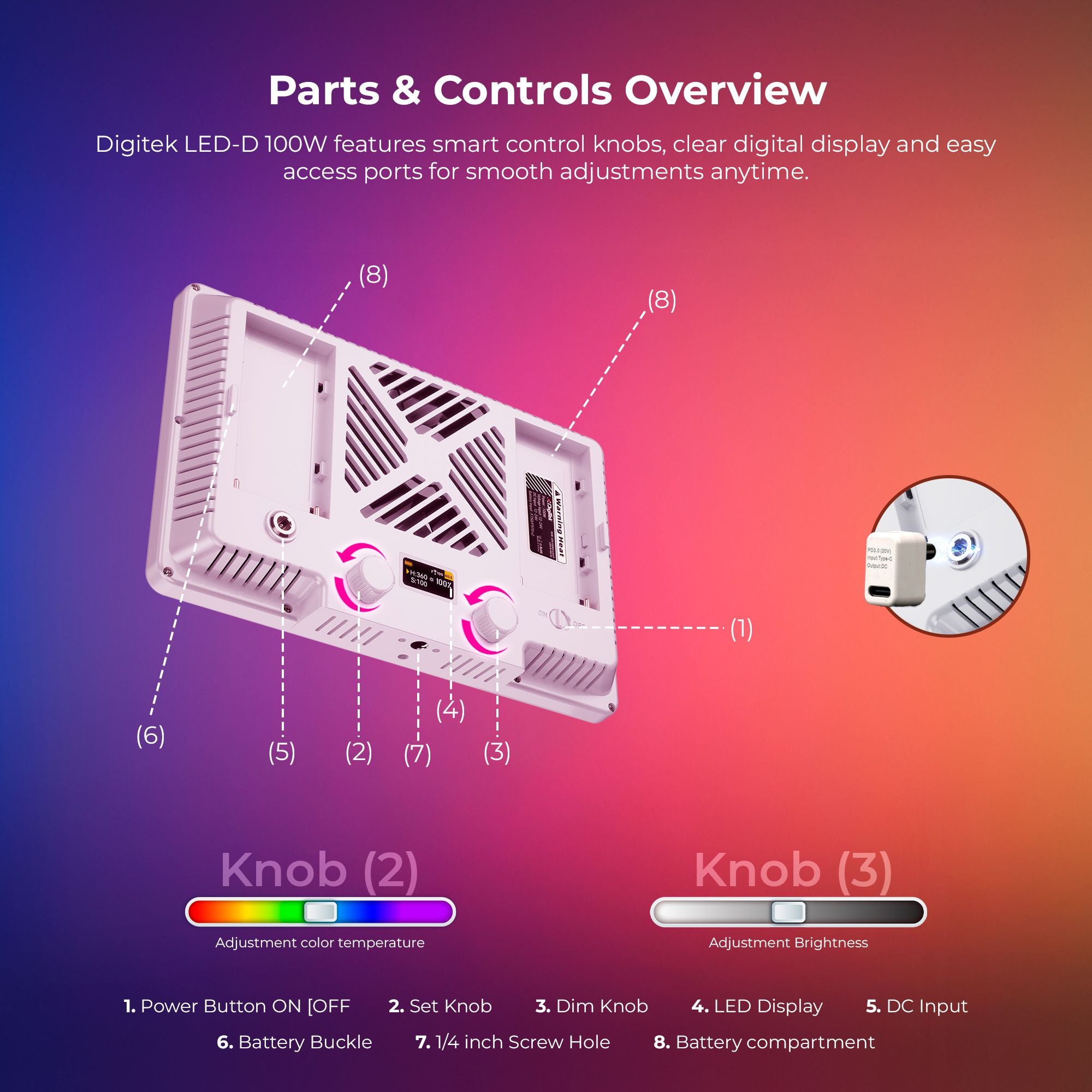 Digitek (LED-D100W RGB) Portable 100W RGB LED Video Light with Softbox & Power Bank, 24 Effects, 120° Wide Beam, 2500K–9900K Color Temp, 95+ CRI, 7950LM Output, Carry Bag Included, For Photo & Videography