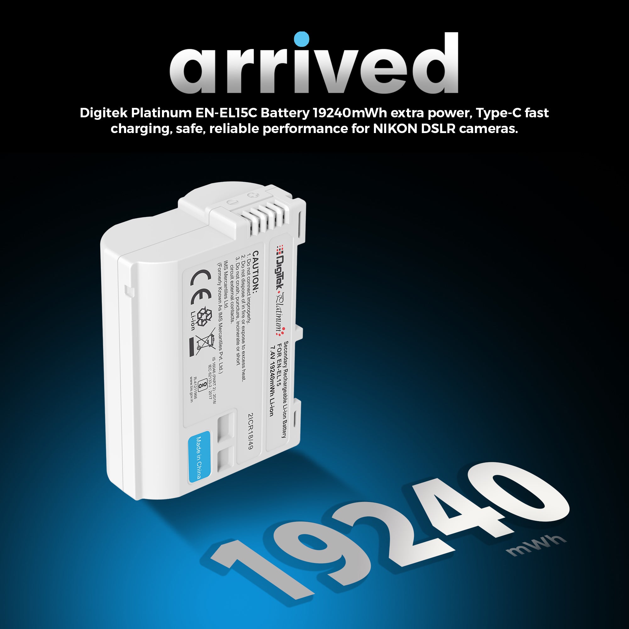Digitek Platinum (EL-EL15 Type C) 3000mAh Li-ion Battery for Nikon DSLR Cameras with Type-C Cable, Compatible with Nikon D500, D600, D610, D750, D800, D800E, D700, D7100, & D1V1 DSLR cameras.