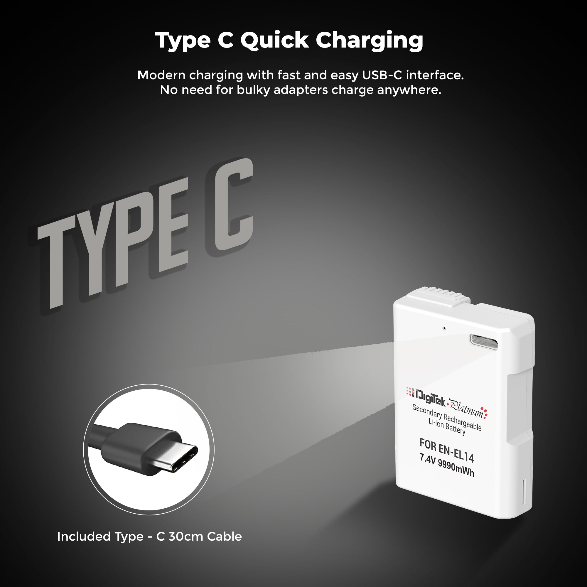 Digitek Platinum (EN-EL14 Type C) 1350mAh Li-ion Battery for Nikon DSLR Cameras with Type-C Charging Cable, for Nikon D3100, D3200, D3300, D3400, D3500, D5100–D5600, DF DSLR, and Coolpix P7000–P7800
