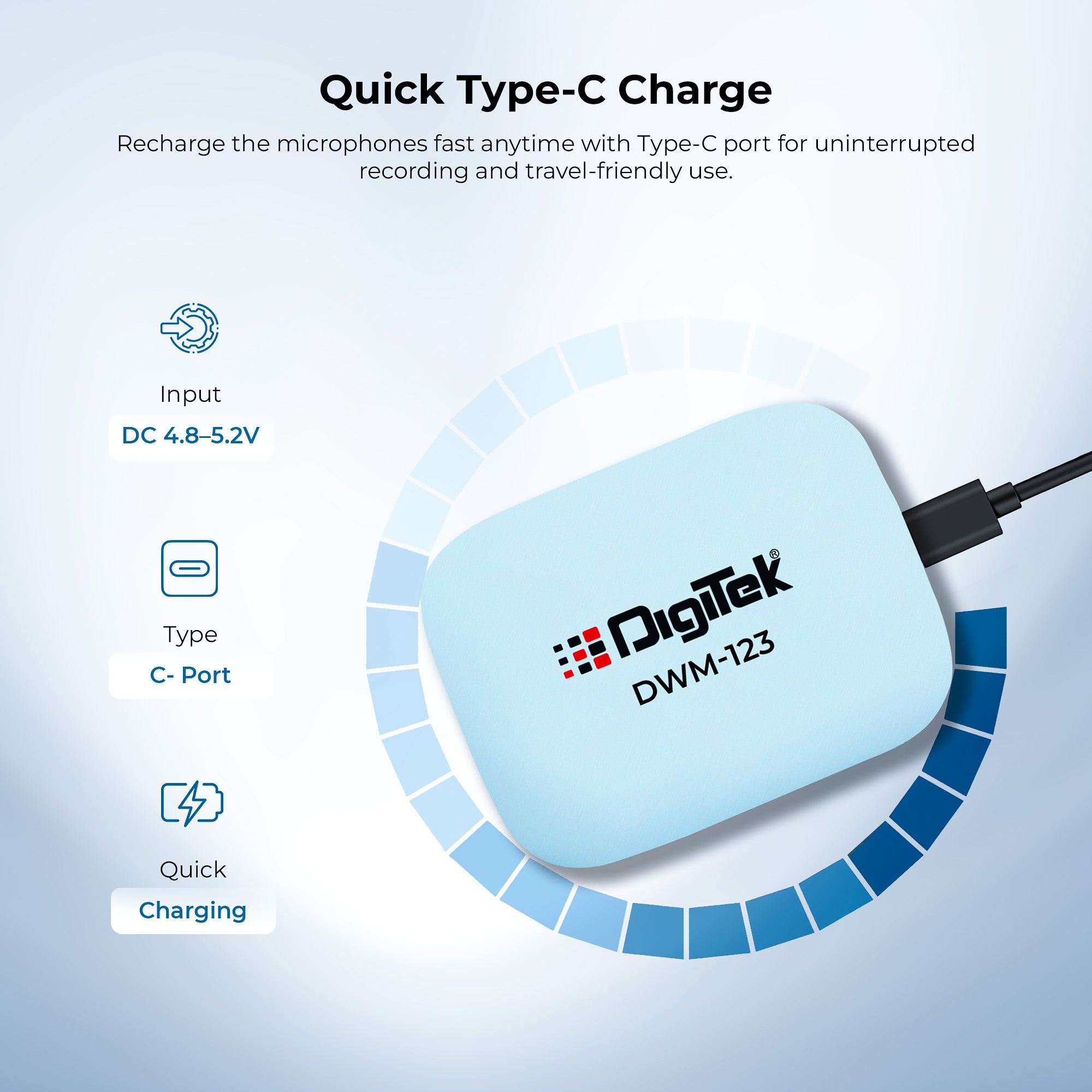 Digitek (DWM 123) 2-in-1 Wireless Microphone System with Charging Case & Magnetic Collar Clip, Type-C Receiver for iPhone 15 & Above, Android Phones, 60m Range, Build in Microphone, For Creators and Vloggers (Blue)