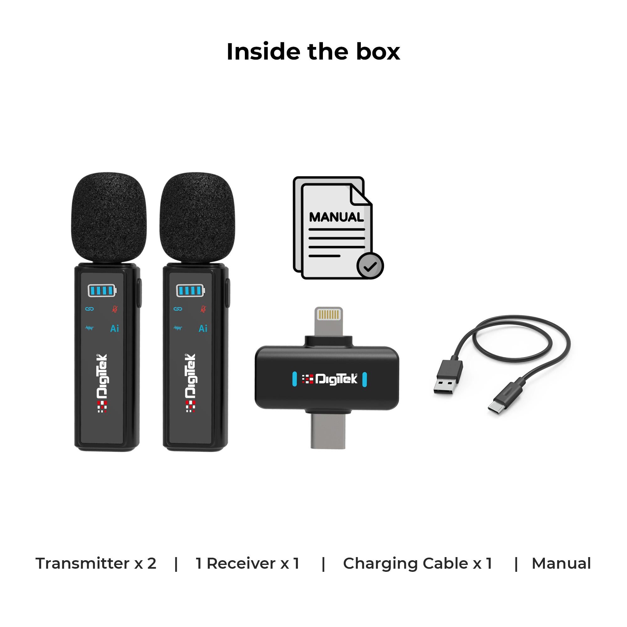 Digitek DWM-021 Wireless Microphone System with AI Noise Cancellation for Android & iPhone