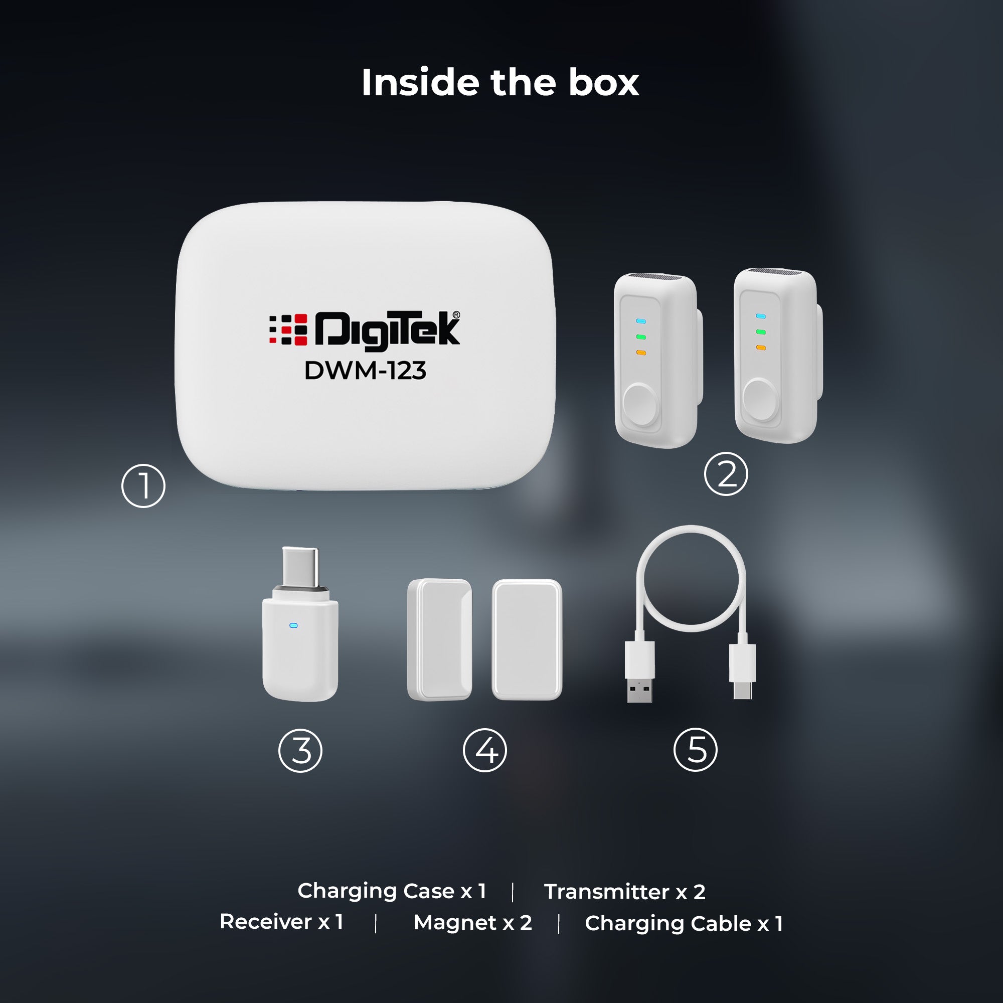 Digitek (DWM 123) 2-in-1 Wireless Microphone System with Charging Case & Magnetic Collar Clip, Type-C Receiver for iPhone 15 & Above, Android Phones, 60m Range, Build in Microphone, For Creators and Vloggers (White)