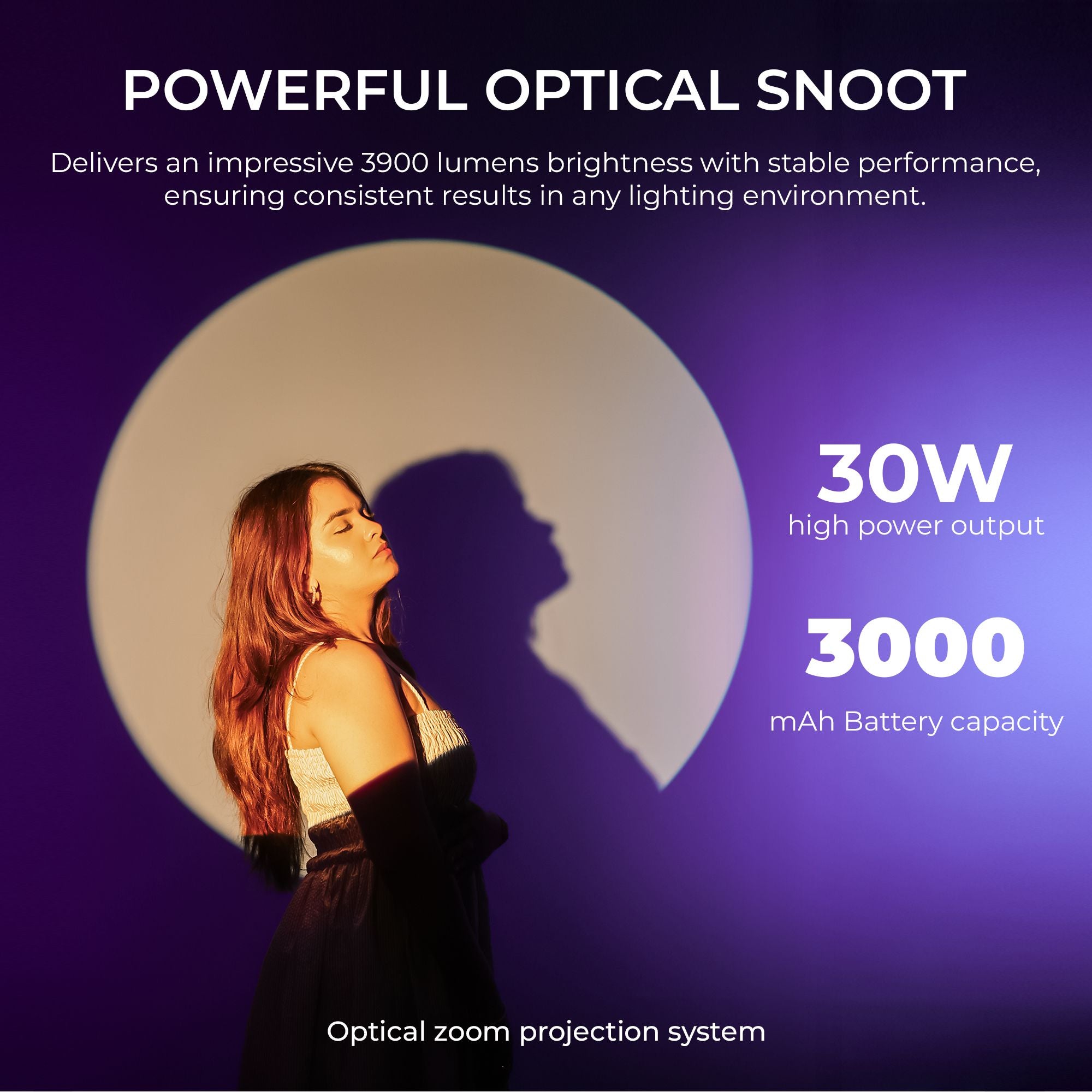 Digitek (DS 30 WTP) 30W Optical Snoot Zoom Gobo Projector, 12 Special Effects, 3900 Lumen, 3000mAh Battery, Dual Temp 2700K-6500K, 15 GOBOs and 5 Color Films, CRI ≥96, For Photo & Videography
