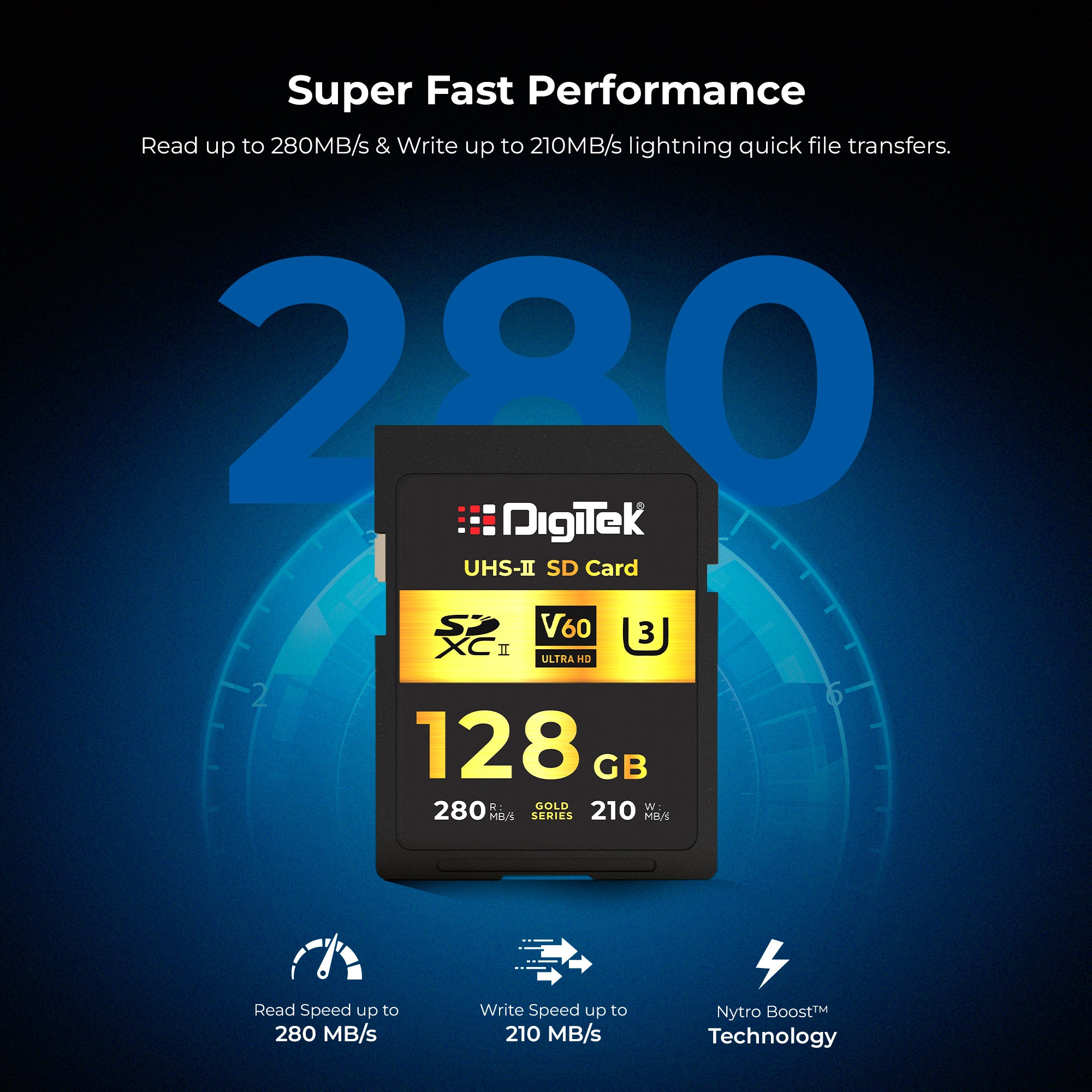 Digitek V60 Ultra HD 128GB UHS-II SD Card – 280MB/s Read, 210MB/s Write, Gold Series, 4K RAW Ready