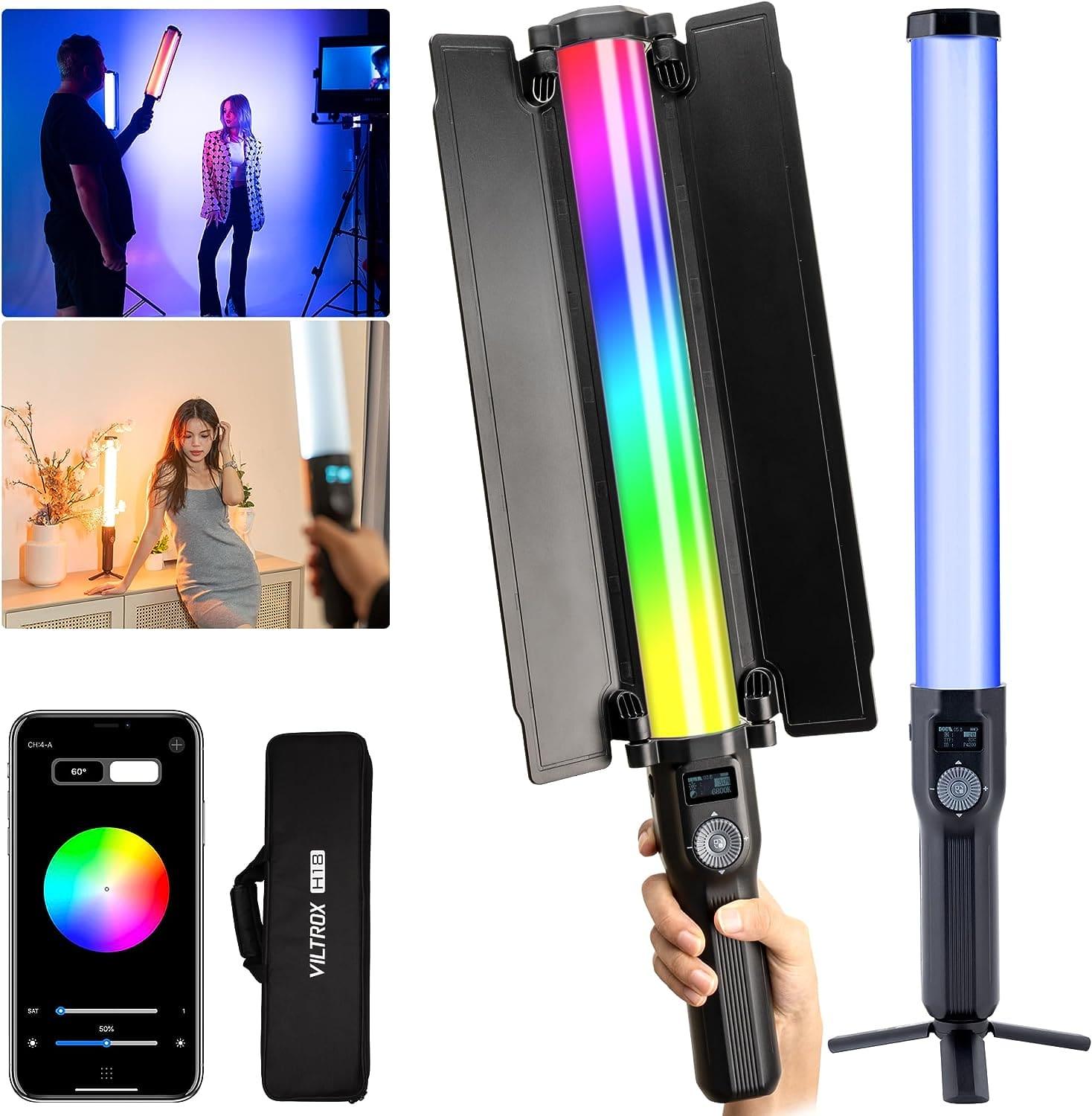 VILTROX H18 RGB LED Light Stick, 18W 2770Lux/0.7m CRI 95+ Double-Sided Handheld RGB Tube Light Wand with Barn Door App Control for Photography Video Lighting, 2800-6800K 360° Full Color 26 FX Effects - Digitek