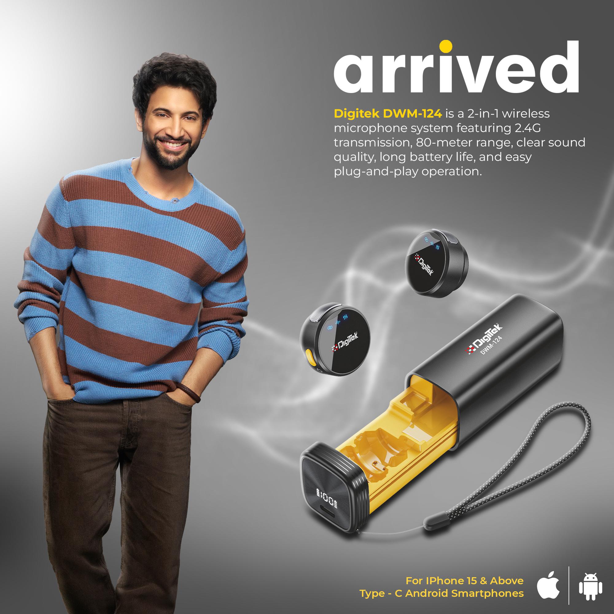 Digitek (DWM-124) 2-in-1 Wireless Microphone System for iPhone 15+ Above & Type-C Android, 80m Range, Noise Reduction & Echo Modes, For Creators & Vloggers