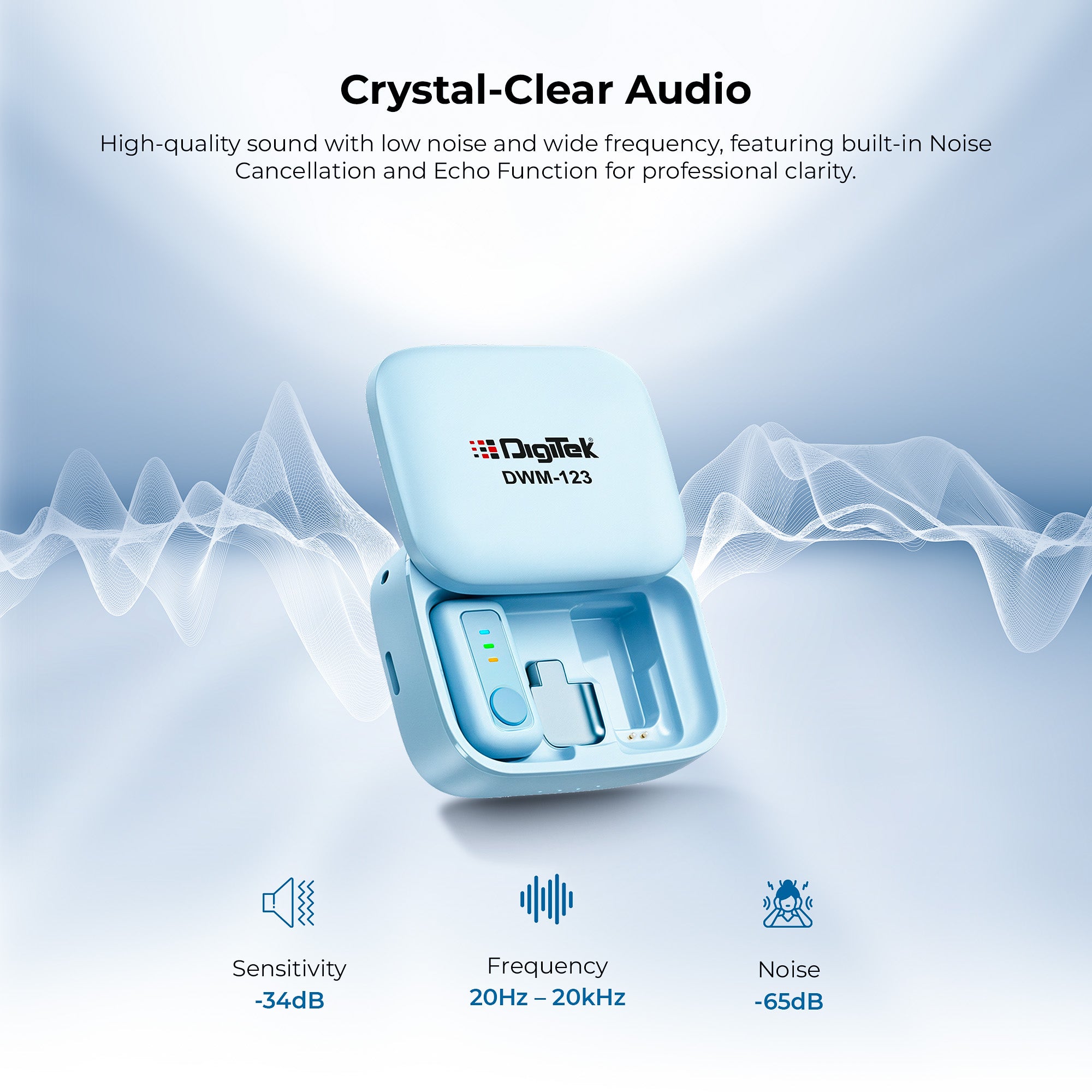 Digitek (DWM 123) 2-in-1 Wireless Microphone System with Charging Case & Magnetic Collar Clip, Type-C Receiver for iPhone 15 & Above, Android Phones, 60m Range, Build in Microphone, For Creators and Vloggers (Blue)