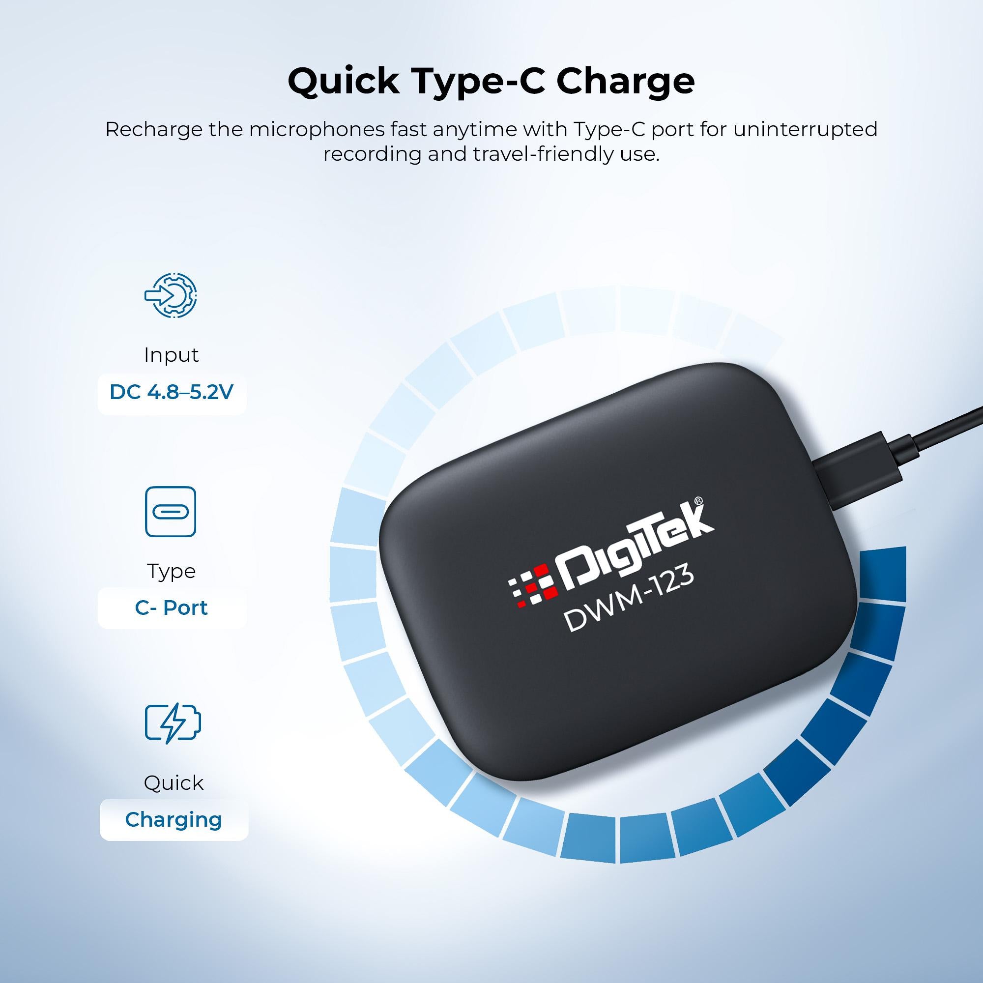 Digitek (DWM 123) 2-in-1 Wireless Microphone System with Charging Case & Magnetic Collar Clip, Type-C Receiver for iPhone 15 & Above, Android Phones, 60m Range, Build in Microphone, For Creators and Vloggers (Black)