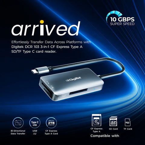 Digitek DCR-103 CFA 3 in 1 CF Express Type A/SD & TF Type C USB 3.2 Card Reader, Support SD/SDHC/SDXC/UHS-I/RS-MMC, Support Mac OS iPad OS Window Android Linux & Harmony, Bidirectional Data Transfer