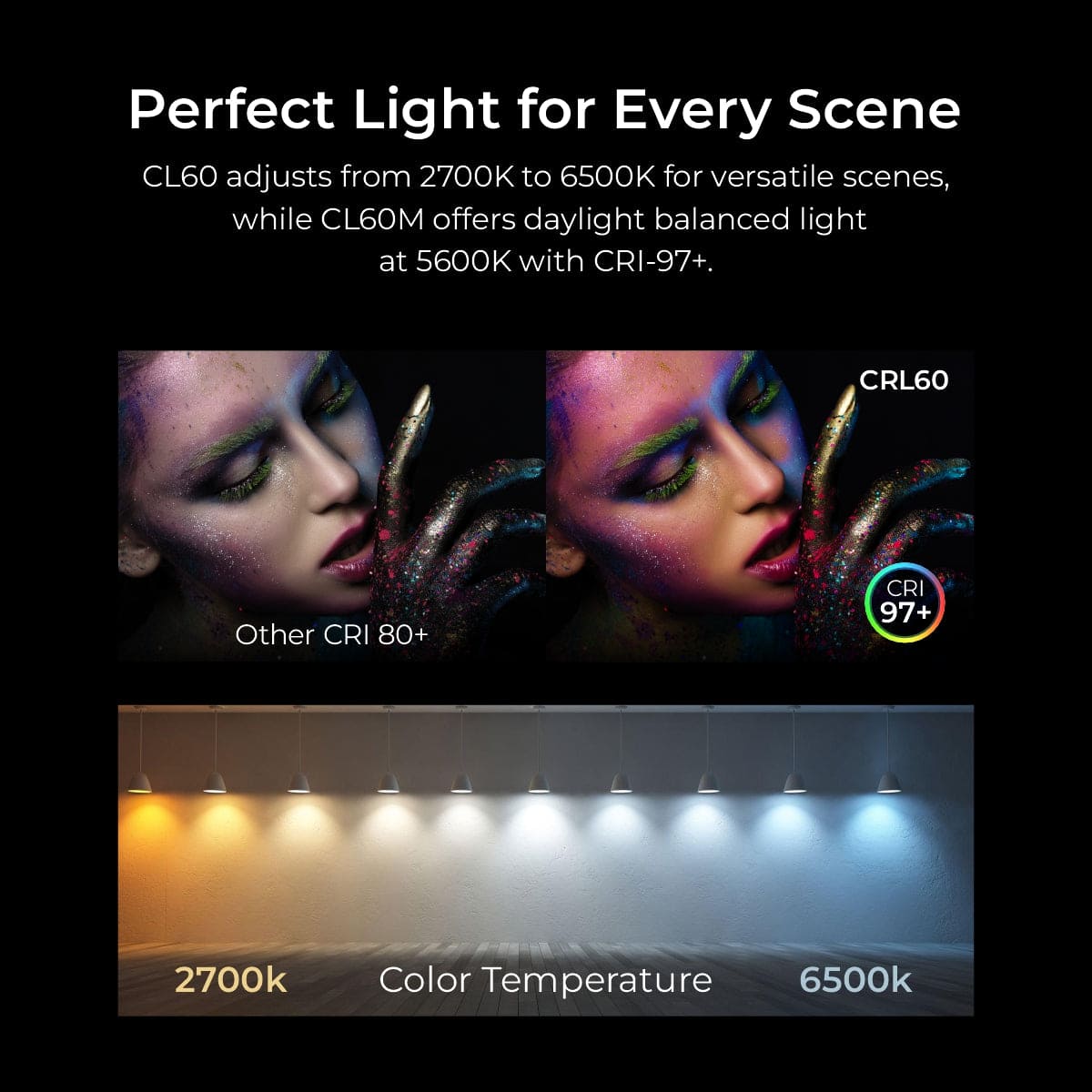 COLBOR CL60 COB Video Light,Power 65W,2700K to 6500K,CRI 97+,Only 550g,Support APP Control - Digitek