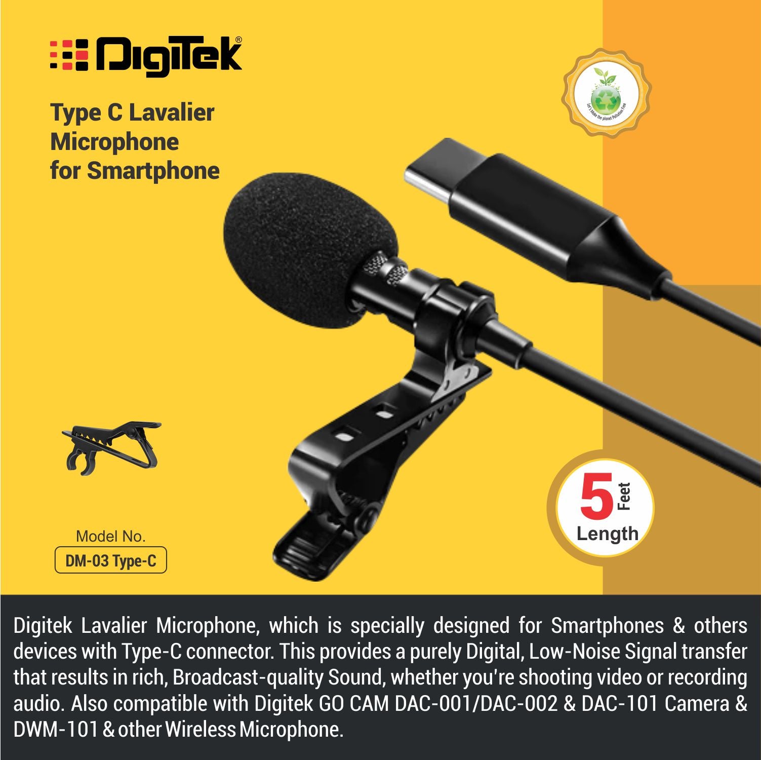 Digitek(DM-03Type-C)Lavalier Omnidirectional Microphone,Clip on Collar Microphone,Type-C Interface Connector,Low Handing Noise,Compatible with Digitek DAC – 101 & DAC-002, DIGITEK Microphone DWM-101. Also usable with Mobile Phones, Laptop, DSLR & More. - Digitek