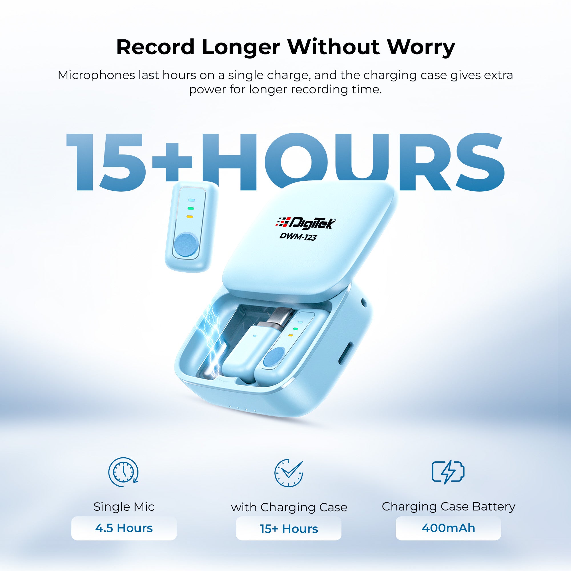 Digitek (DWM 123) 2-in-1 Wireless Microphone System with Charging Case & Magnetic Collar Clip, Type-C Receiver for iPhone 15 & Above, Android Phones, 60m Range, Build in Microphone, For Creators and Vloggers (Blue)