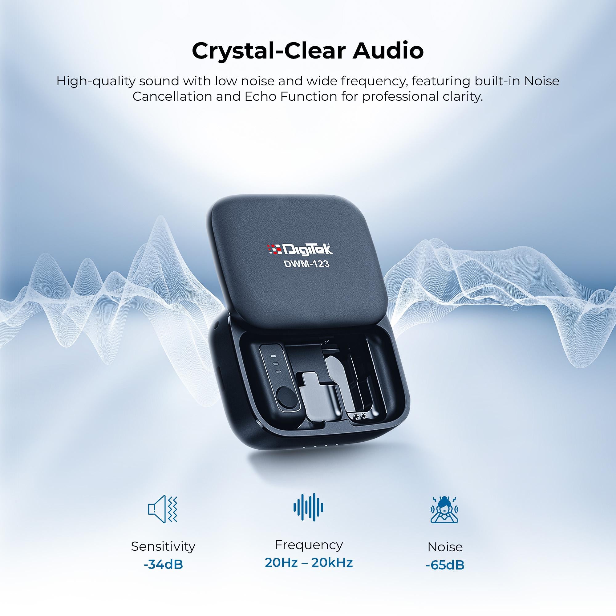 Digitek (DWM 123) 2-in-1 Wireless Microphone System with Charging Case & Magnetic Collar Clip, Type-C Receiver for iPhone 15 & Above, Android Phones, 60m Range, Build in Microphone, For Creators and Vloggers (Black)