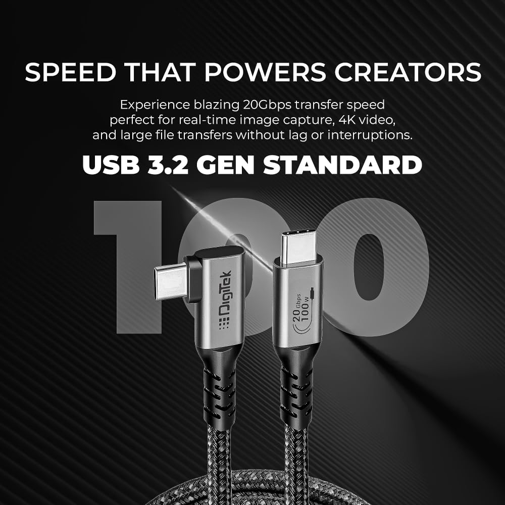 Digitek® (DC 5M-TC2C 3.2) Type-C to C Right Angle Tethering Cable, 5M Nylon Braided, 100W Fast Charging, 20Gbps Data Transfer, Bi-Directional, for Photography & Videography Applications