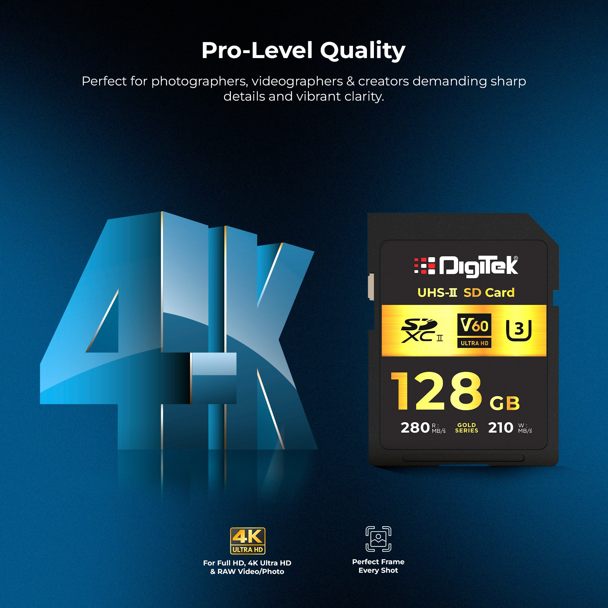 Digitek V60 Ultra HD 128GB UHS-II SD Card – 280MB/s Read, 210MB/s Write, Gold Series, 4K RAW Ready