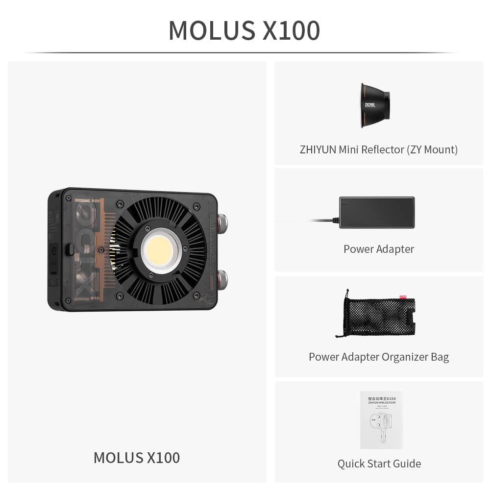 ZHIYUN MOLUS X100 Bi-Color 100W COB Video Light, 385g LED Pocket Light 17317Lux 2700K-6500K CRI 95+/TLCI 97+ with Bluetooth App Control AC/DC Power Supply