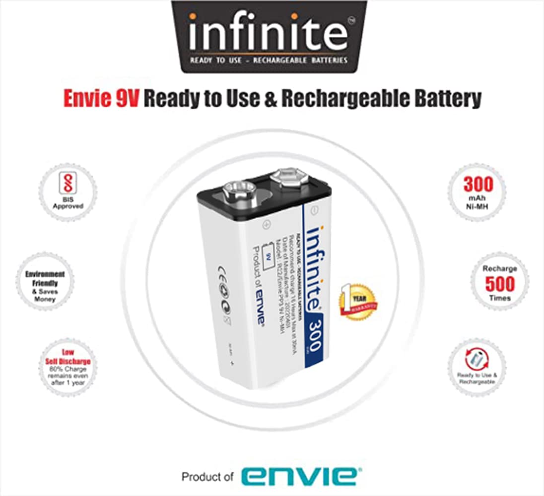 ENVIE (9v Infinite) Ni-Mh 300mAh Capacity Ready to Use Rechargeable Battery