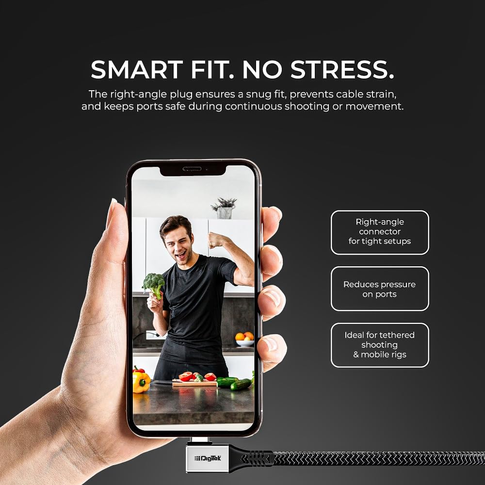 Digitek® (DC 5M-TC2C 3.2) Type-C to C Right Angle Tethering Cable, 5M Nylon Braided, 100W Fast Charging, 20Gbps Data Transfer, Bi-Directional, for Photography & Videography Applications