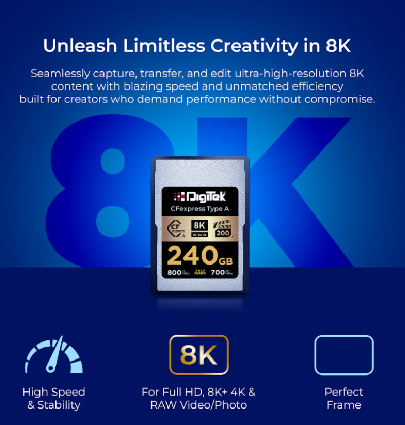Digitek (DCFA 240GB Gold Series) CFexpress Type A Memory Card – 800MB/s Read, 700MB/s Write, 8K Ultra HD Support, Nytro Boost, Perfect Frame, 5-Year Warranty, For High Speed 8K Videography
