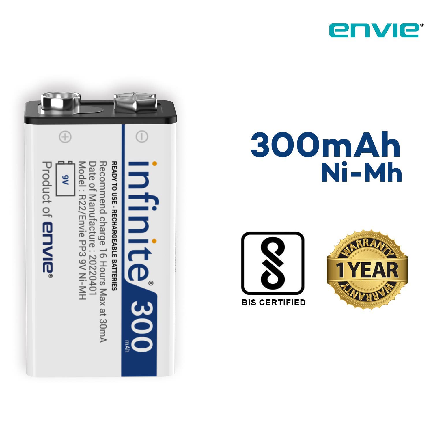 ENVIE (9v Infinite) Ni-Mh 300mAh Capacity Ready to Use Rechargeable Battery