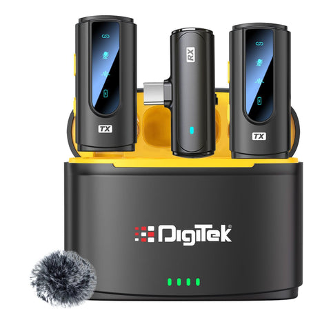 Digitek® (DWM-112) 2-in-1 Wireless Microphone System, 50M Range, Noise Reduction, 7Hrs Run Time, 2.4G, Type C to Lightning, for Android/iOS, Laptop/PC, Seamless Audio Recording, Vlogging, YouTube & More