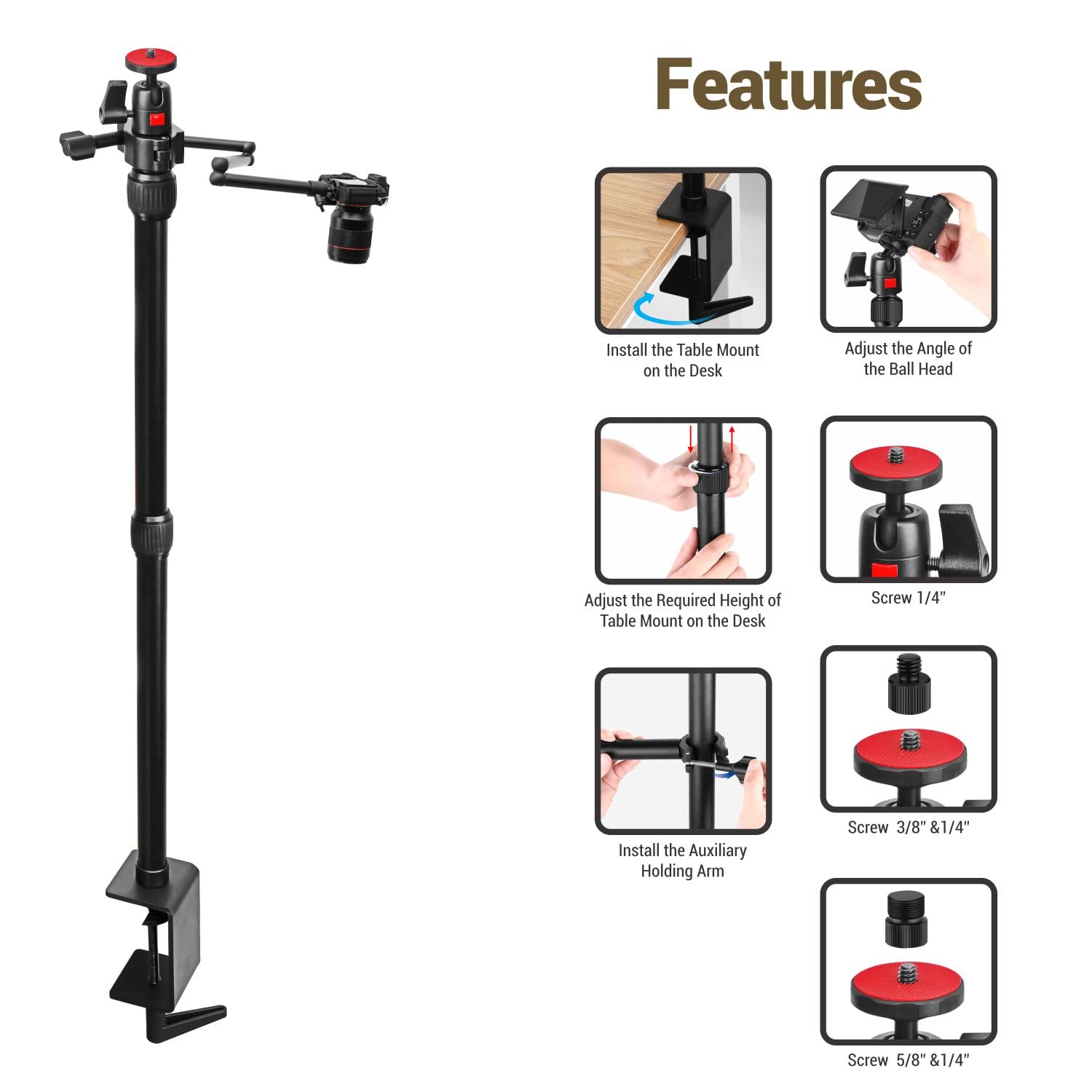Digitek (DTMHA 001 )Table Mount with Auxiliary Holding Arm for Stream, Overhead Video, Desktop, Bedroom, Bedhead, Office
