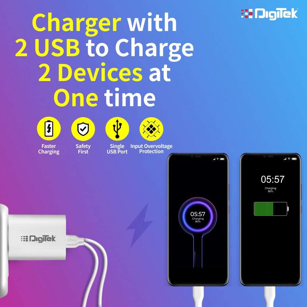 Digitek (DMC-026 LTC) Smart Fast Charger 2.4A Dual USB Adapter for Smartphone with 8 Pin USB Cable 2.4A - Digitek