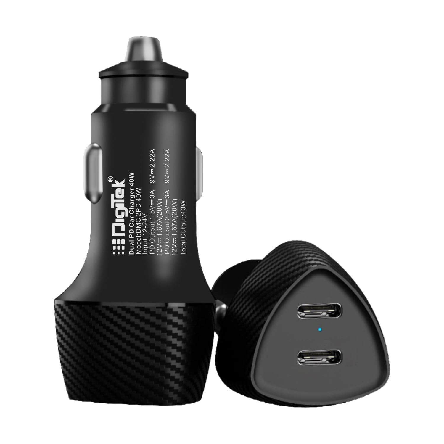 Digitek (DMC 2PD 40W) Fast Car Charger with Dual Output, 40 Watts Total (20W + 20W Type C PD), Fast Charging Adapter for iOS & Android Smartphones and Tablets (Black)