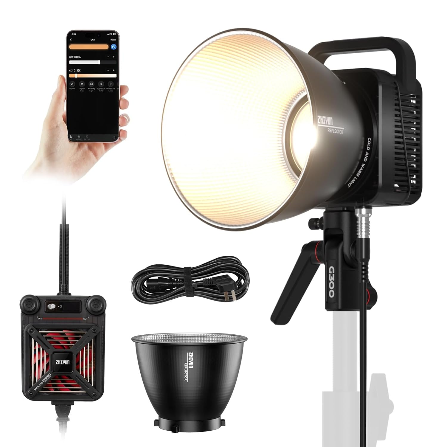 ZHIYUN MOLUS G300 [Official] 300W LED Video Light with APP Control, COB Bi-Color Light Bowens Mount Continuous Output Lighting 2700K-6500K TLCI≥97 CRI≥95, 15500Lux/1m 14 Effects for Studio Photography