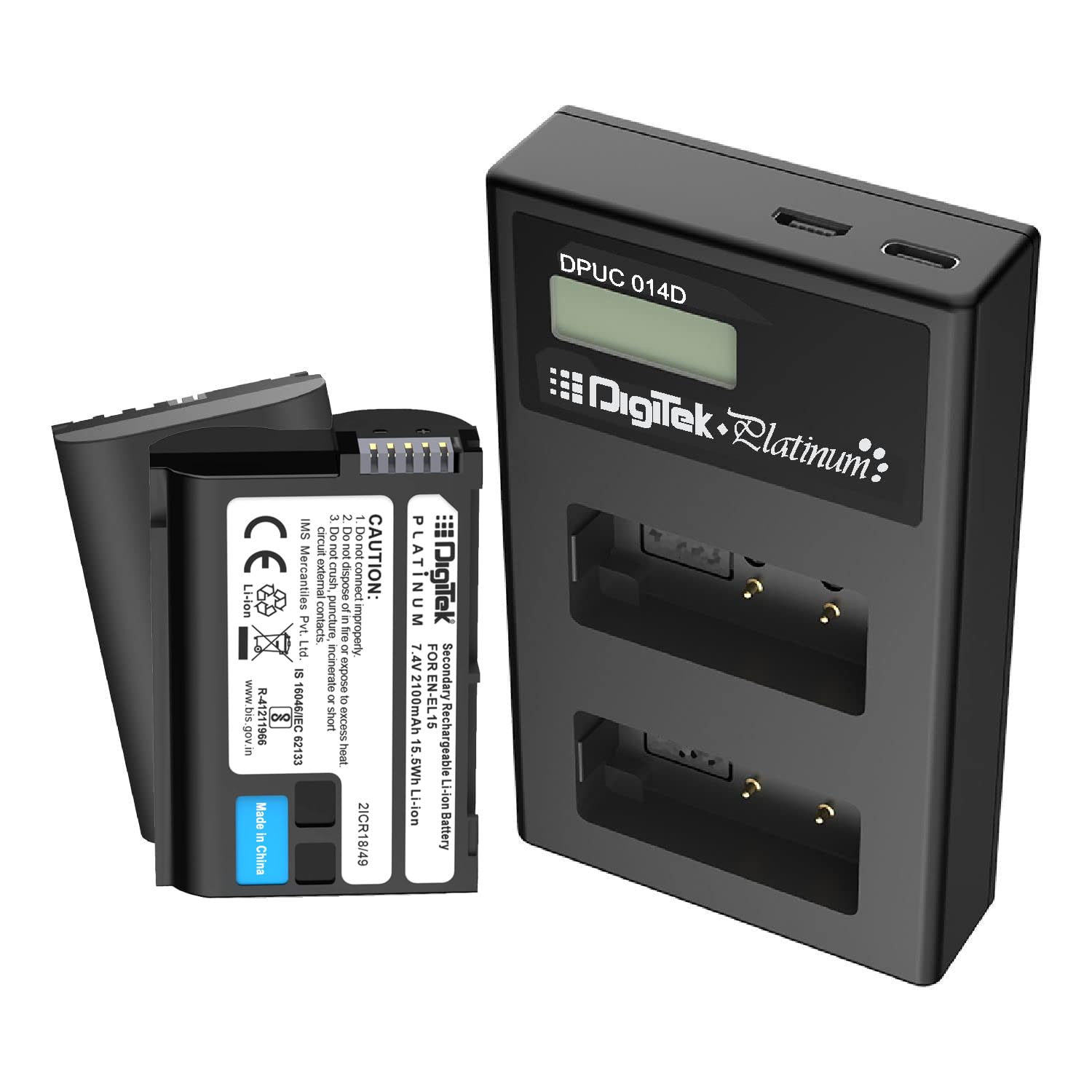 Digitek Platinum Dual Port Li-ion LCD Battery Charger with 2 Nos of 2100mAh Capacity ENEL 15 Platinum Li-ion Battery Combo Pack (ENEL 15 P DPUC 014D)