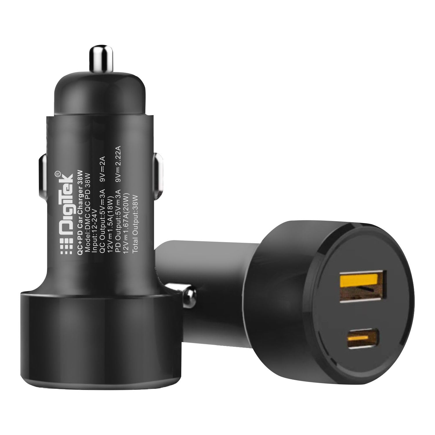 Digitek (DMC QC PD 38W) Fast Car Charger with Dual Output, 38 Watts Total (18W QC + 20W Type C PD), Fast Charging, Adapter for iOS & Android Smartphones and Tablets (Black)