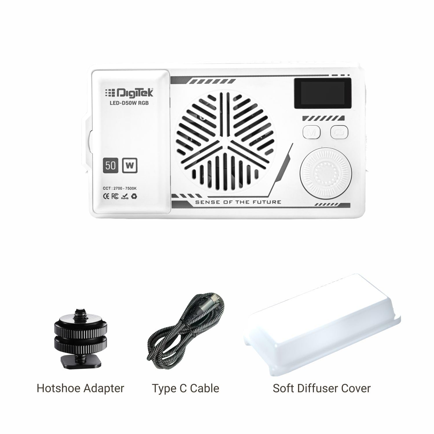 Digitek (LED-D50W RGB) 50W Portable RGB LED Video Light with Hot Shoe Adapter & Soft Diffuser Cover, HSI 0-360, 2700K–7500K CCT, 22 FX Modes, CRI 96+, 2600mAh Battery, for Photo & Videography