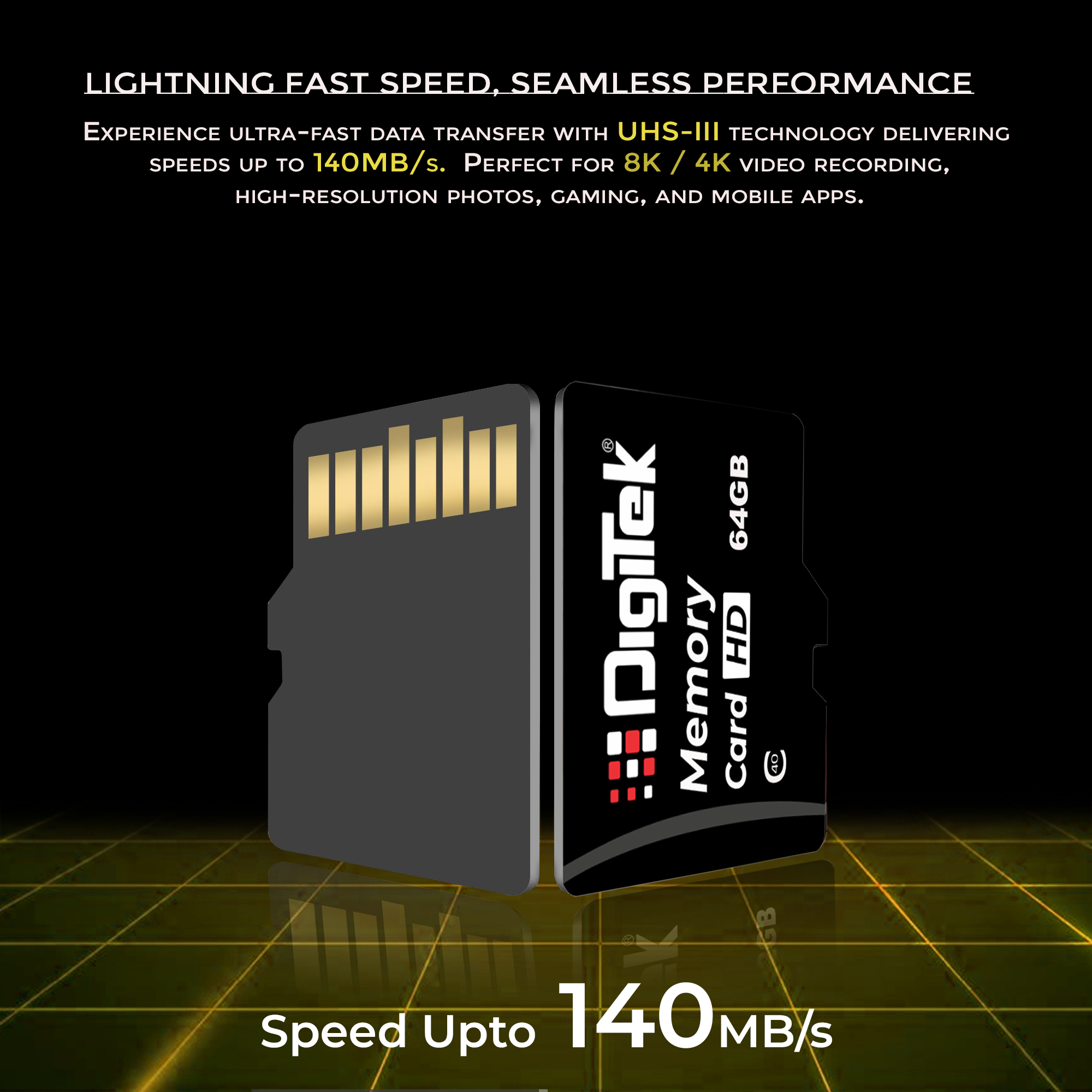 Digitek (DTF 64GB C40) High Speed 64GB Micro SDHC UHS III Memory Card – A2 Speed, 200MB/s, Waterproof & Shockproof, for 4K/8K Video, Drones, CCTV & Smartphones