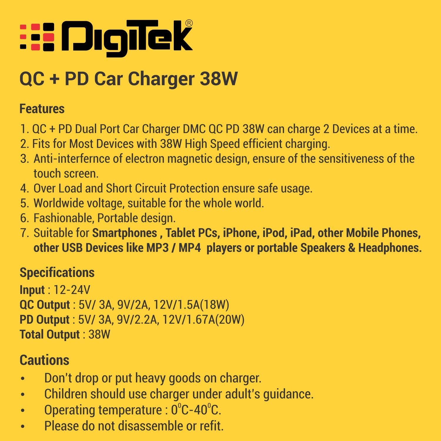 Digitek (DMC QC PD 38W) Fast Car Charger with Dual Output, 38 Watts Total (18W QC + 20W Type C PD), Fast Charging, Adapter for iOS & Android Smartphones and Tablets (Black)