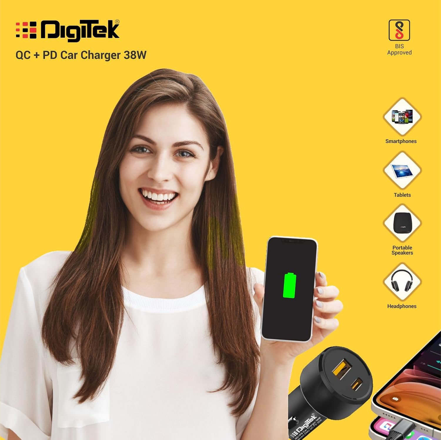 Digitek (DMC QC PD 38W) Fast Car Charger with Dual Output, 38 Watts Total (18W QC + 20W Type C PD), Fast Charging, Adapter for iOS & Android Smartphones and Tablets (Black)