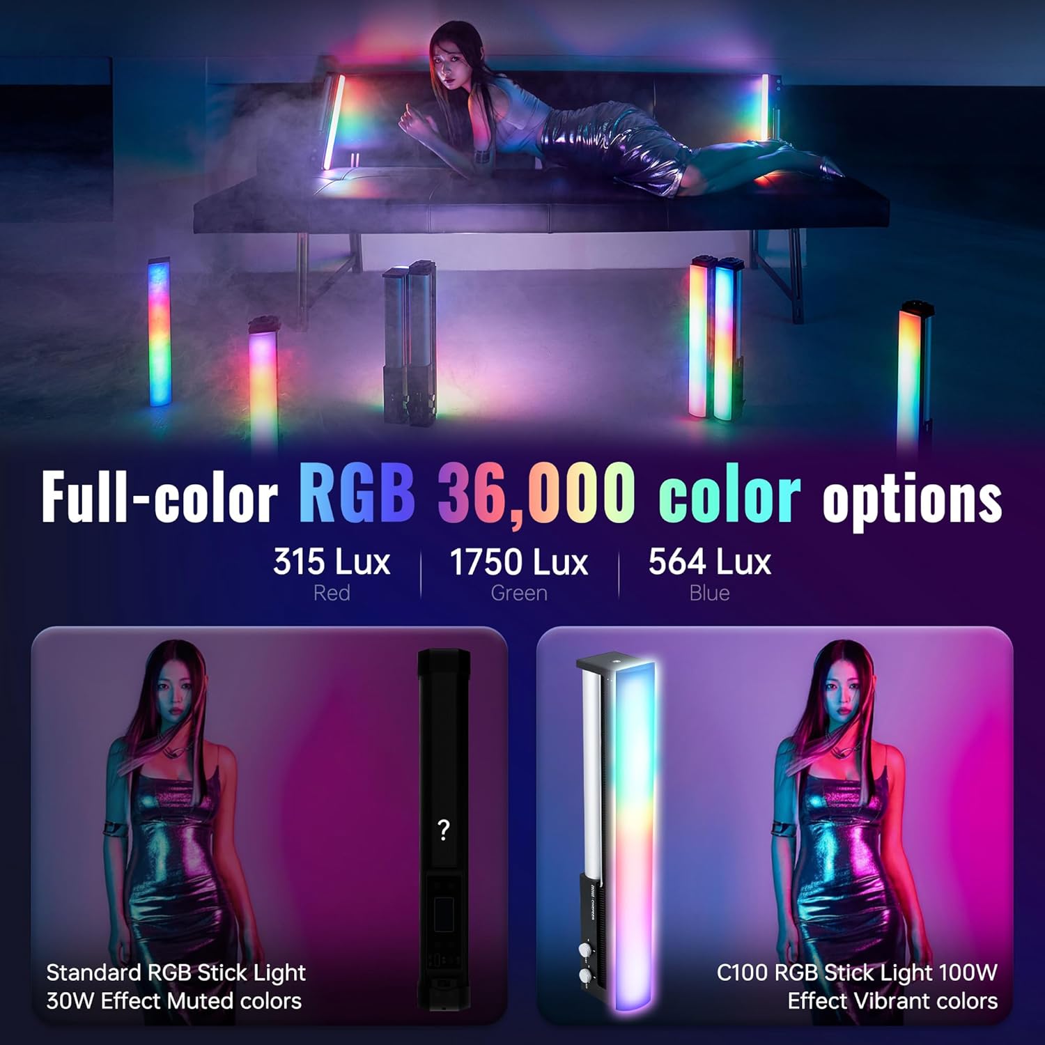 ZHIYUN CINEPEER C100 100W RGB Stick Light LED APP Control Video Light Wand Handheld 2700K-6500K CRI 95+ TLCI 98+ Continuous Output Lighting for 6 * 4500 mAh Photography 14.3" Tube Light Combo