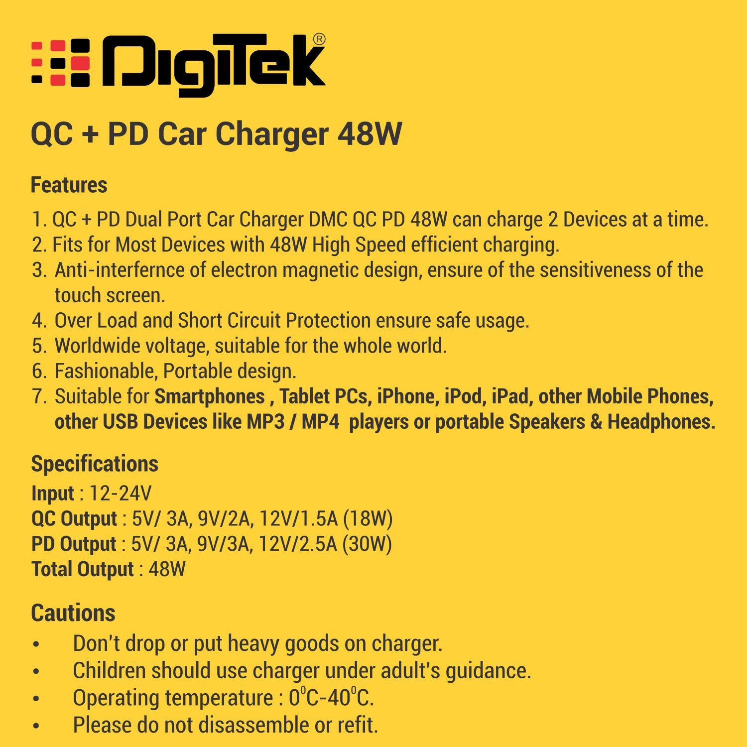 Digitek (DMC QC PD 48W) Fast Car Charger with Dual Output, 48 Watts Total (18W QC + 30W Type C PD), Fast Charging, Adapter for iOS & Android Smartphones and Tablets (Black)