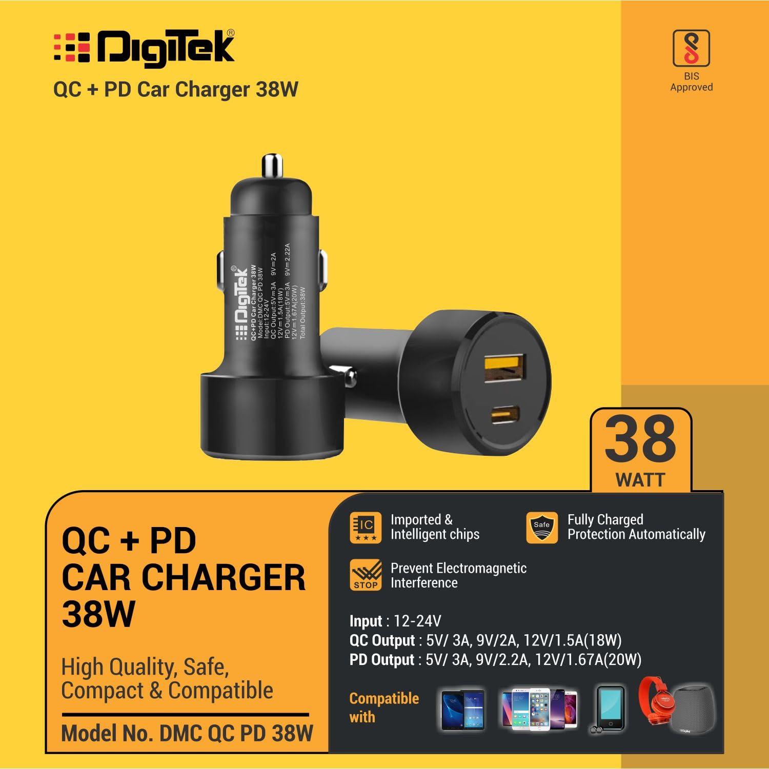 Digitek (DMC QC PD 38W) Fast Car Charger with Dual Output, 38 Watts Total (18W QC + 20W Type C PD), Fast Charging, Adapter for iOS & Android Smartphones and Tablets (Black)