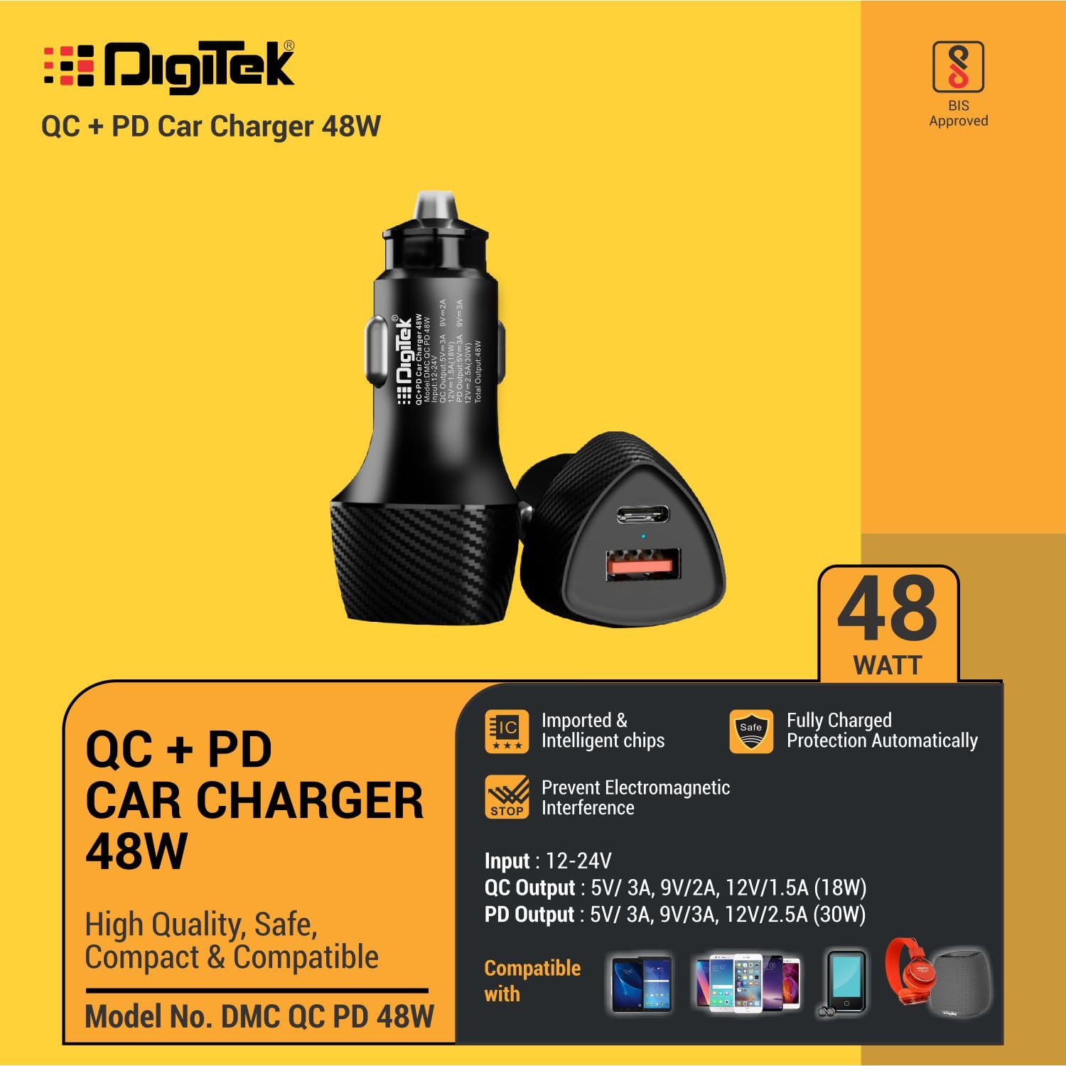 Digitek (DMC QC PD 48W) Fast Car Charger with Dual Output, 48 Watts Total (18W QC + 30W Type C PD), Fast Charging, Adapter for iOS & Android Smartphones and Tablets (Black)