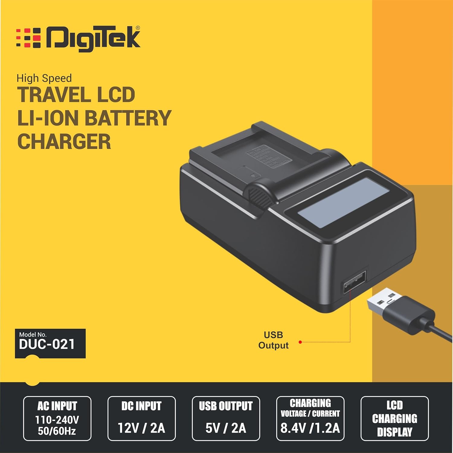 Digitek (DUC 021 ENEL14) High-Speed Li-ion Battery Charger for ENEL 14, Compatible with Canon, Nikon, Olympus, Panasonic, and Fujifilm Cameras, AC Input 110-240V, USB Output, LCD Charging Display