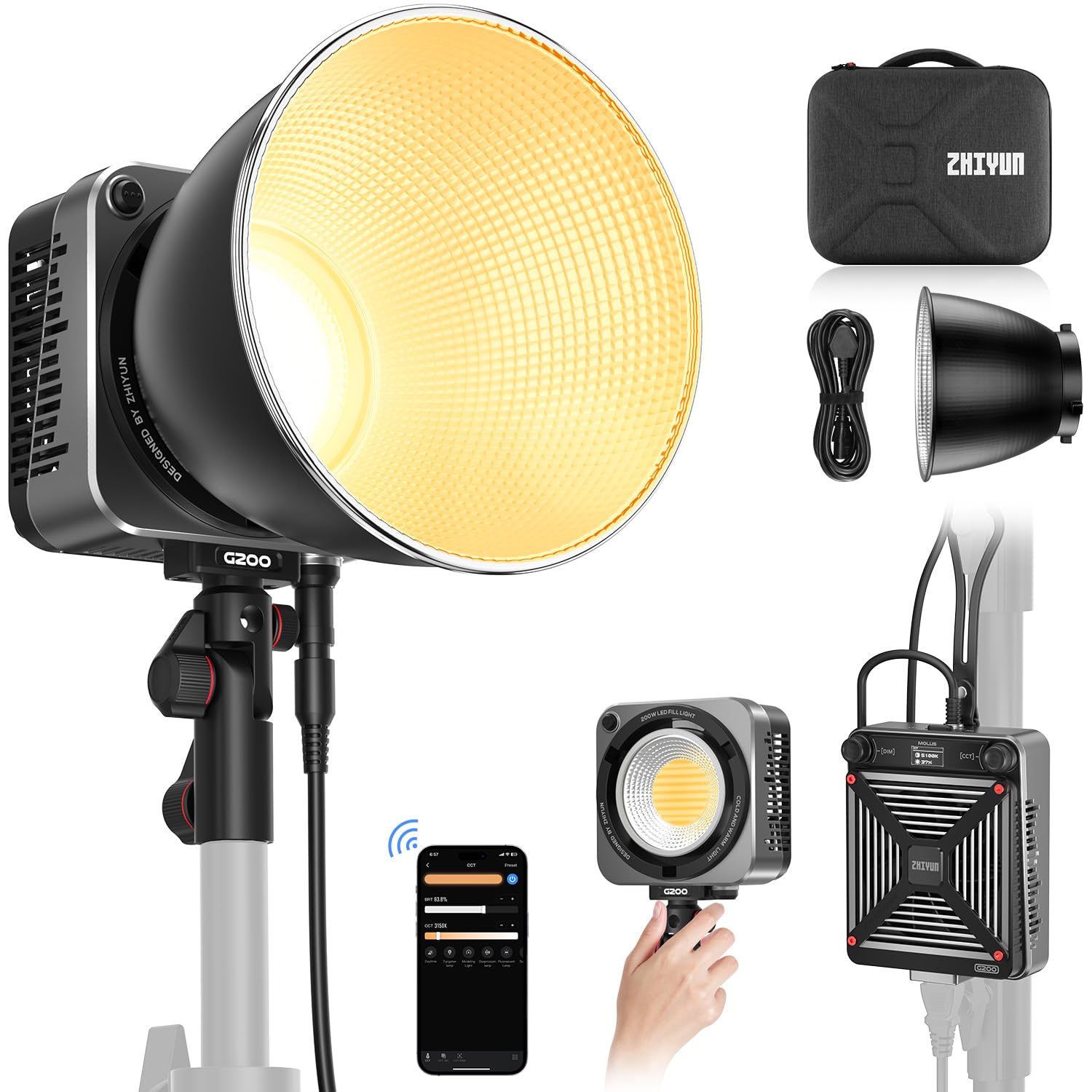 Zhiyun MOLUS G200 LED Video Light, Bowens Mount COB, 2700K-6500K Bi-Color App-Controlled Constant Lighting Photography Continuous Lighting