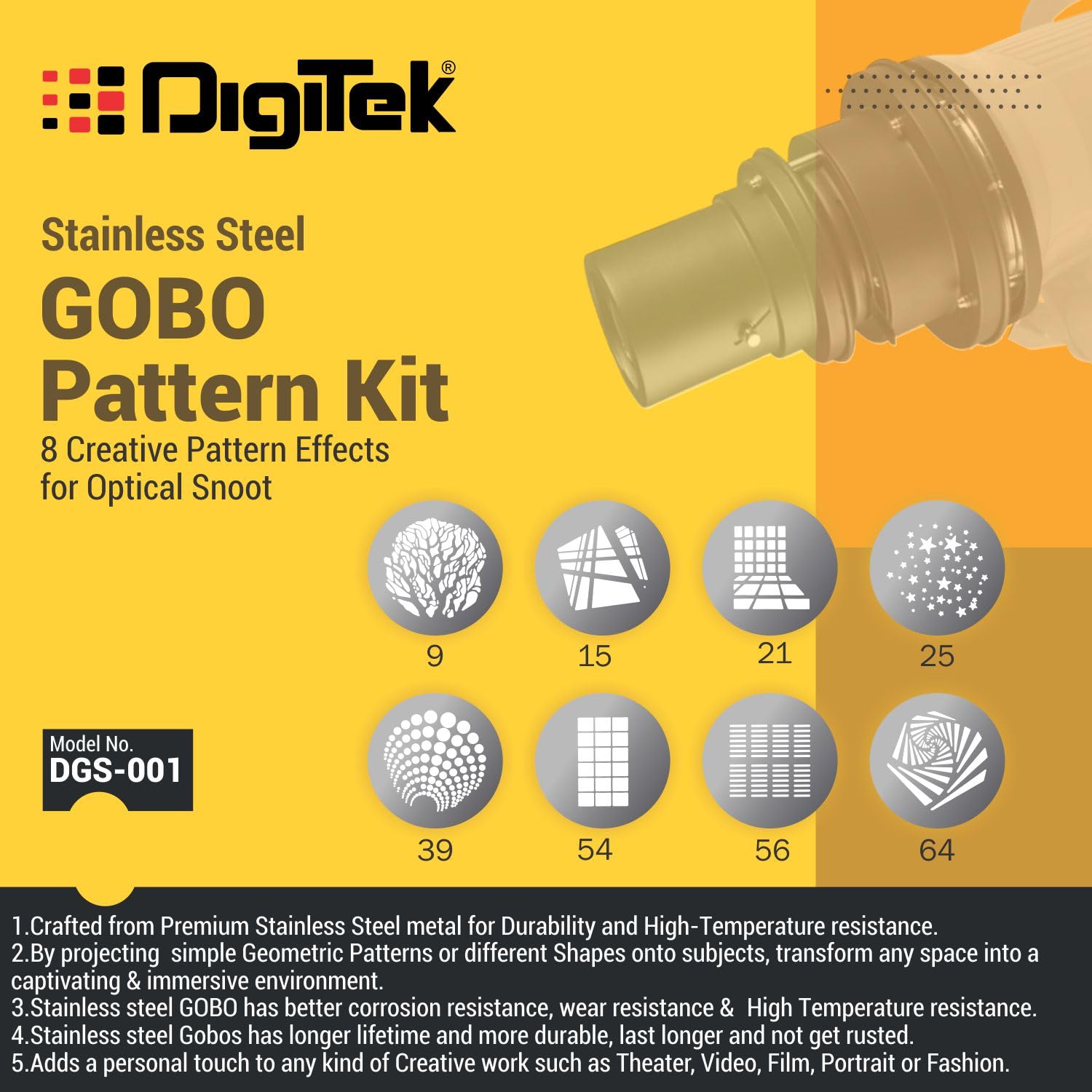 Digitek (DGS 001)Stainless Steel GOBO Pattern Kit with 8 Creative Pattern Effect for Optical Snoot - Digitek