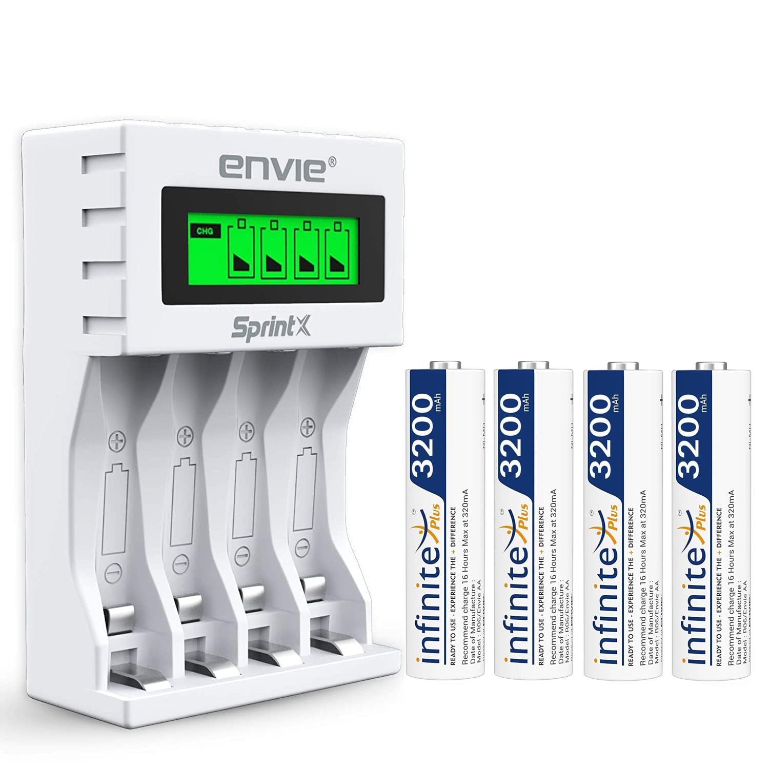 ENVIE (ECR 11MC+4xAA3200) SprintX Ultra Fast Rechargeable Batteries Charger for AA & AAA Ni-mh, with AA3200 Infinite Plus 4PL Rechargeable Batteries comes with Over Charge Protection