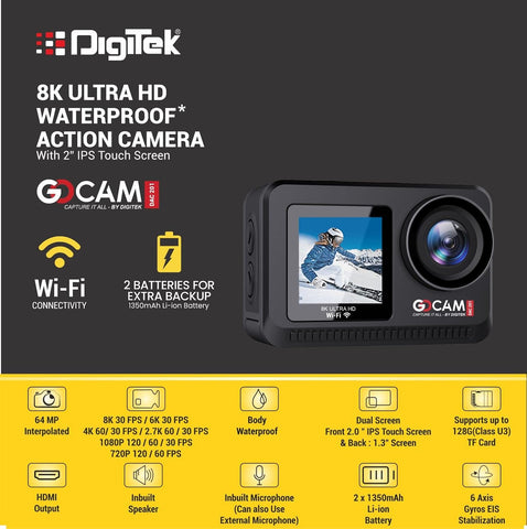 DIGITEK (DAC 201) 8K Ultra HD Waterproof Action Camera with Accesories Kit & Front & Rear Screen, 64MP Interpolated, 2x Batteries, Support 128GB TF Card, For Helmet/Travel/Riding/Sports/Adventure Shoot