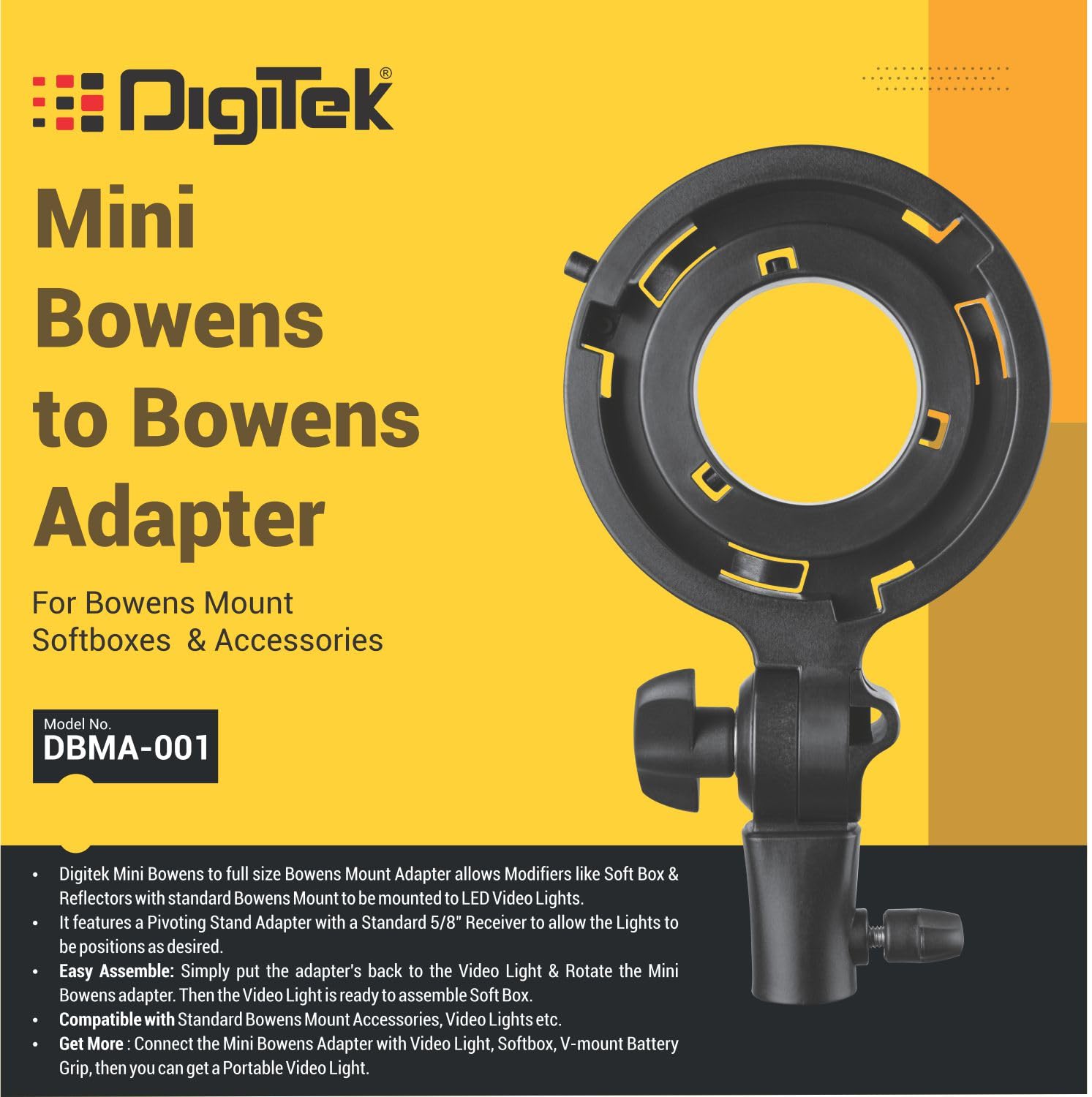 Digitek (DBMA-001) Mini Bowens to Full Size Bowens Mount Adapter Allows Modifiers Like Soft Box, Beauty Dish & Reflectors with Standard Bowens Mount