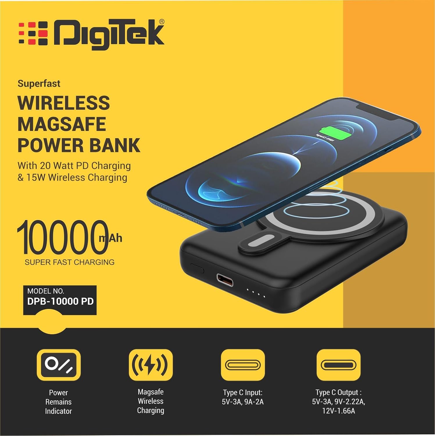 Digitek (DPB-10000 PD )Superfast Magsafe Power Bank with 15W Wireless & 20 Watt PD Charging with Type C Port