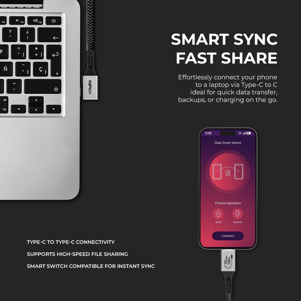 Digitek® (DC 5M-TC2C 3.2) Type-C to C Right Angle Tethering Cable, 5M Nylon Braided, 100W Fast Charging, 20Gbps Data Transfer, Bi-Directional, for Photography & Videography Applications