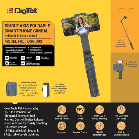 Digitek (DSG 003) Single Axis Foldable Smartphone Gimbal with Built in Extendable Telescopic Rod