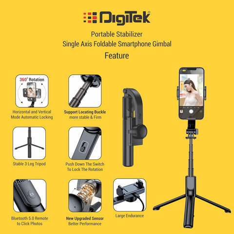 Digitek (DSG 004) Single Axis Auto Balanced Foldable Tripod Smartphone Gimbal & Selfie Stick with Bluetooth Remote & Extendable Rod Compatible with Android & iOS