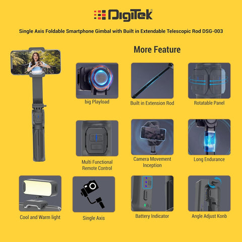 Digitek (DSG 003) Single Axis Foldable Smartphone Gimbal with Built in Extendable Telescopic Rod